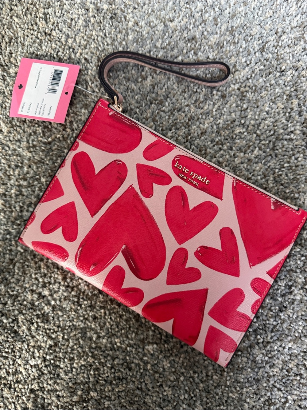 kate spade Pink Wristlet with Red Heart Print